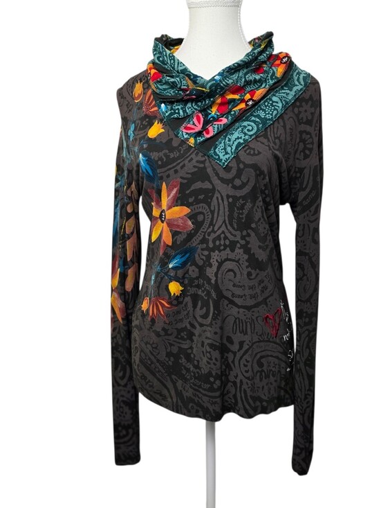 Desigual Tops - Desigual Eugenia Dark Gray Floral Paisley Long Sleeve Boho Top Women's Size M
